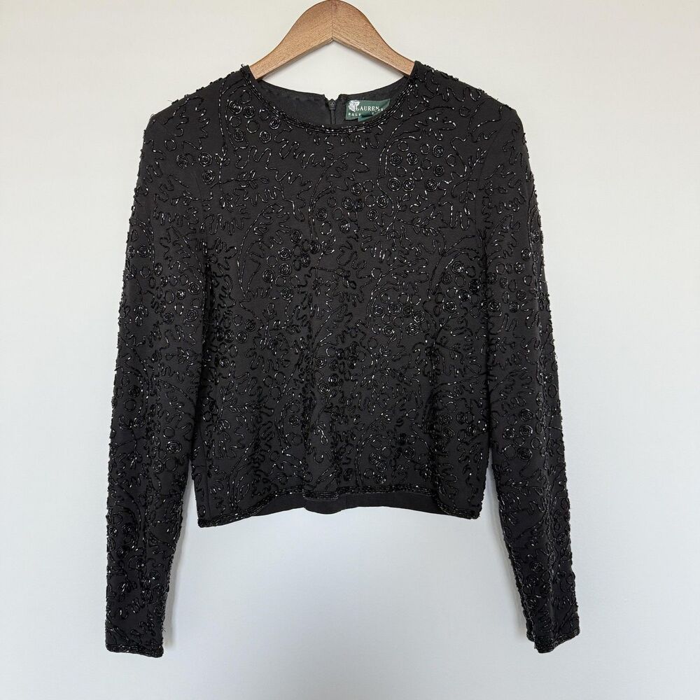 Vintage Lauren Ralph Lauren Top Womens Med Beaded Sequin Long Sleeve 90s Blouse